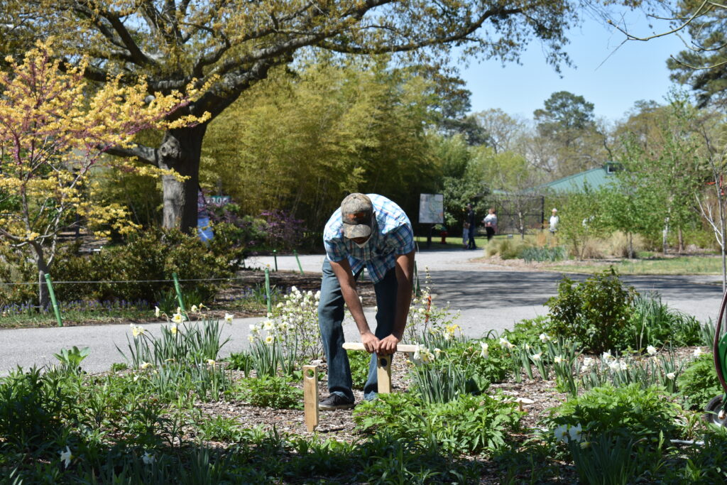 man installs mason bee houses